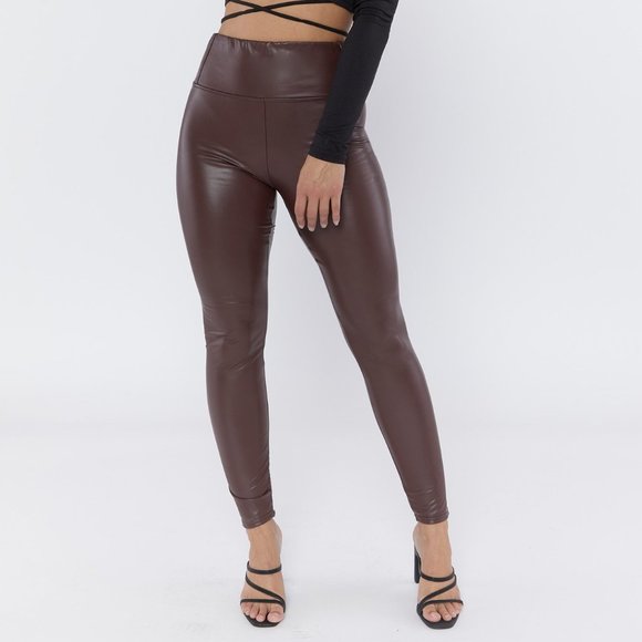 (NWT) Forever21 - woman's dark brown high rise faux leather leggings (size m) - Picture 1 of 5
